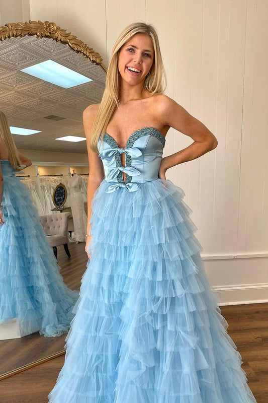 Light Blue Sweetheart Tiered Tulle Long Prom Dress, PD25637