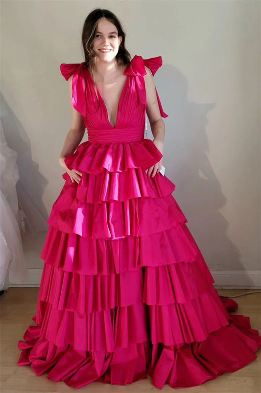 Fuchsia Deep V Neck Satin Tiered Long Prom Dresses, PD25715