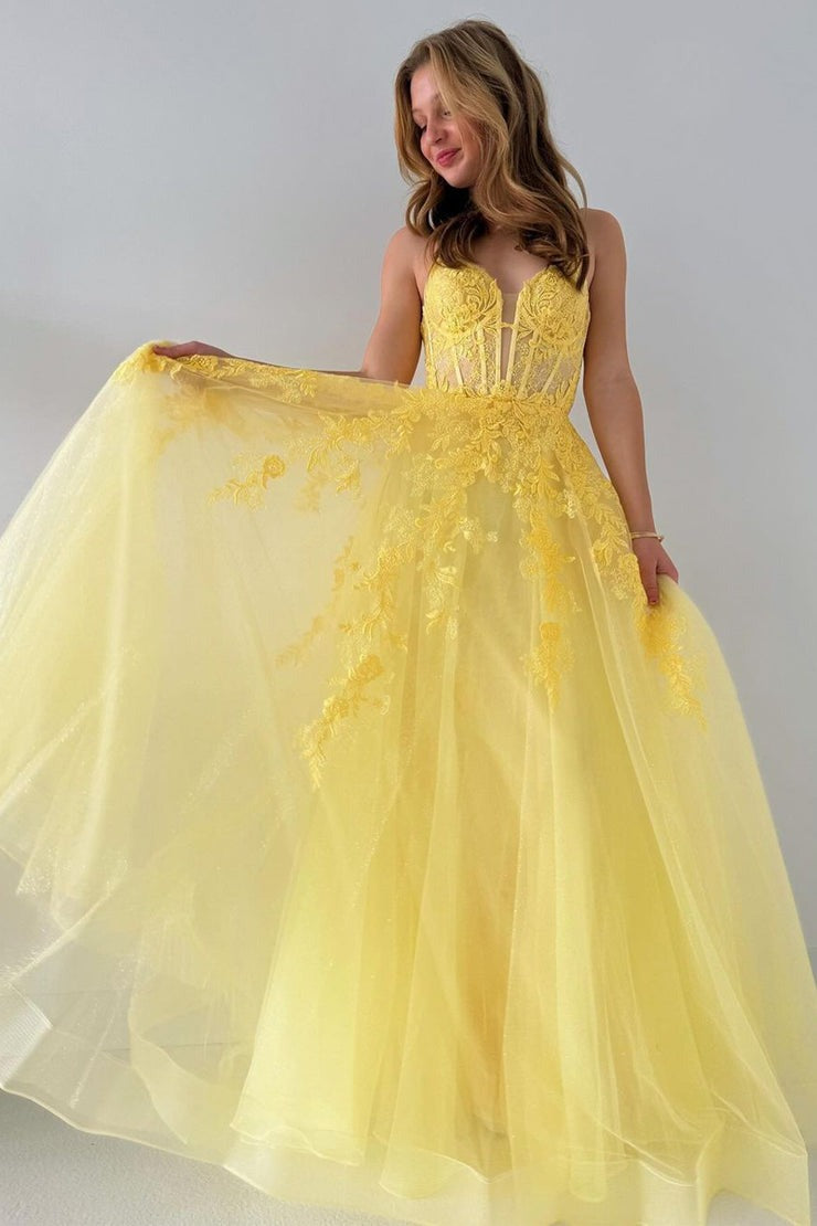 Yellow Spaghetti Straps Tulle Long Prom Dresses with Appliques, PD25535