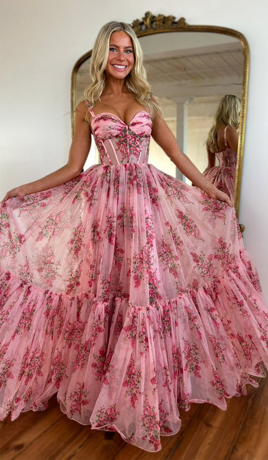Pink A Line Sweetheart Floral Chiffon Long Prom Dress, PD25585
