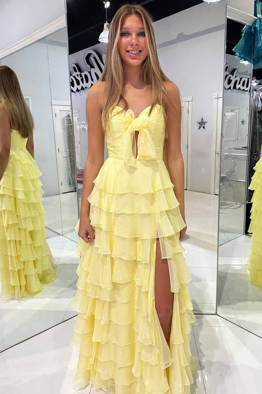Yellow Tiered A Line Sweetheart Keyhole Prom Dress with Slit, PD25446