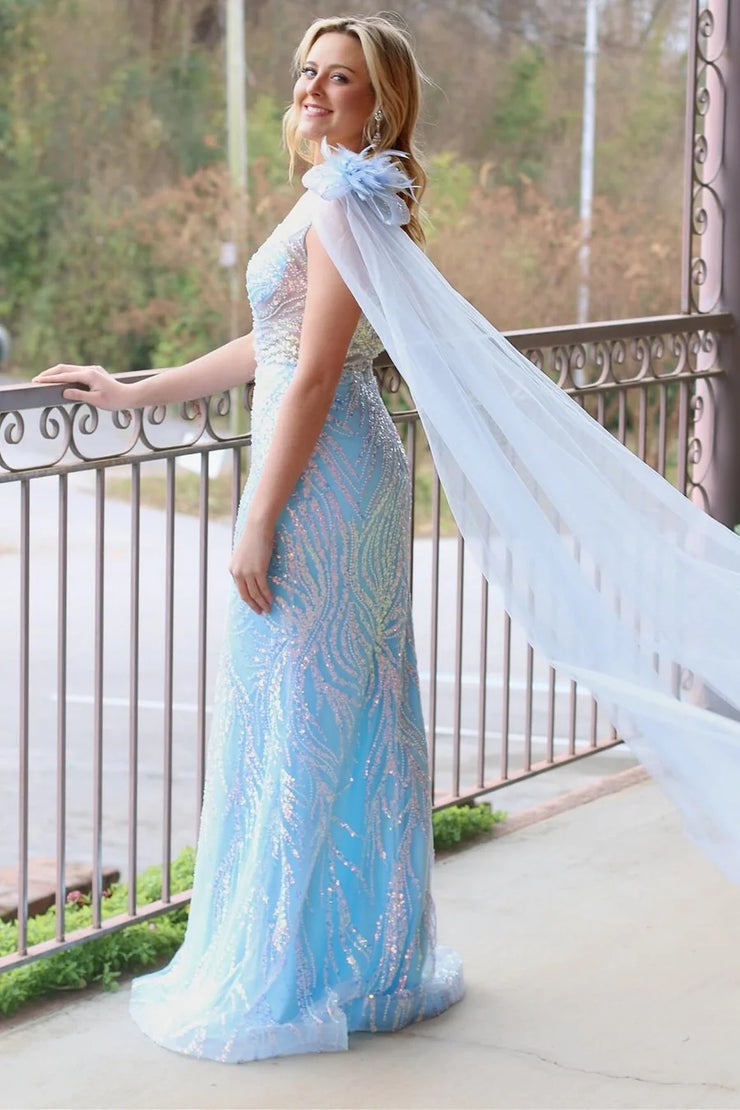 Light Blue One-Shoulder Mesh Sequin Lace Long Formal Dress, PD25725