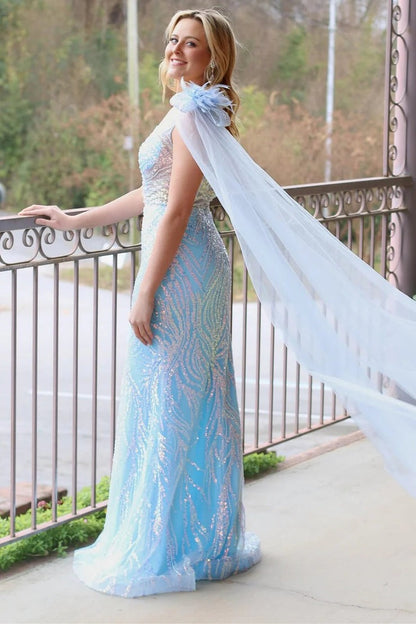 Light Blue One-Shoulder Mesh Sequin Lace Long Formal Dress, PD25725