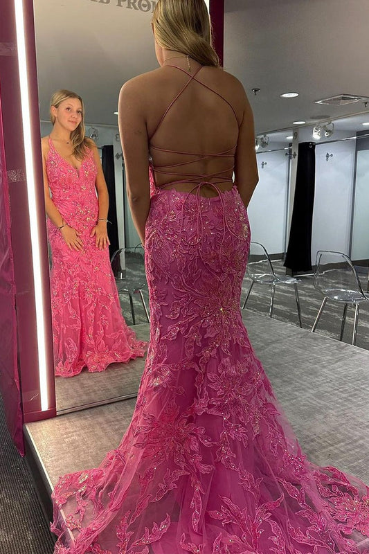 Pink Halter Mermaid Long Prom Dress with Lace Appliques, PD25784