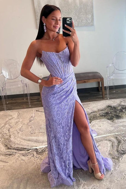 Strapless Mermaid Lilac Lace Prom Dress with Slit, PD25100