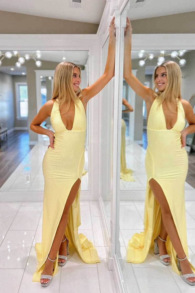 Yellow Deep V Neck Elastic Satin Long Prom Dresses with Slit, PD25048