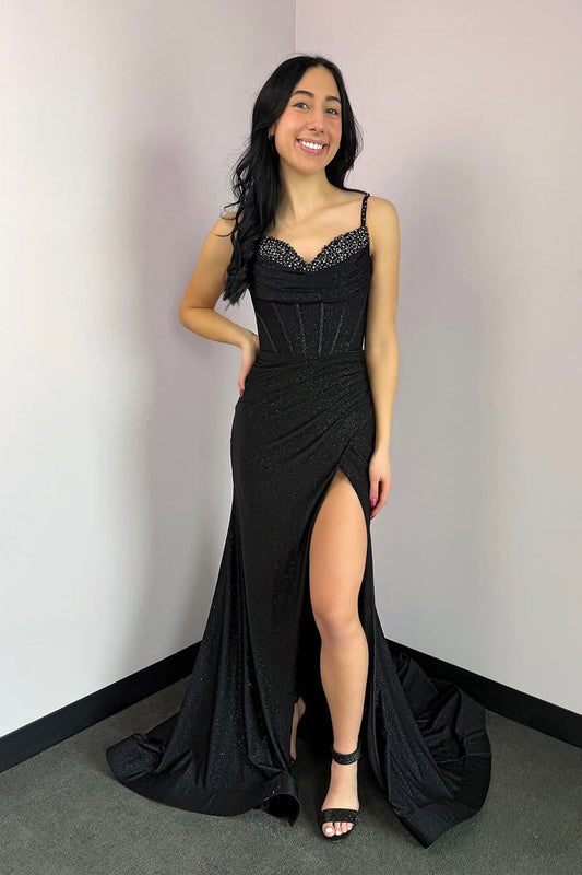 Black Sweetheart Mermaid Sparkly Satin Prom Dress with Beading, PD25766