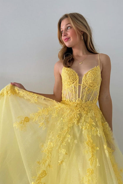 Yellow Spaghetti Straps Tulle Long Prom Dresses with Appliques, PD25535