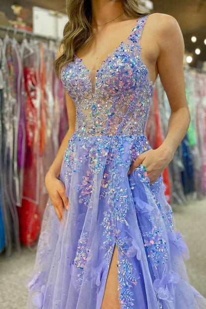 Lavender A - Line V Neck Sequin Lace Long Prom Dress with Pockets, PD25576