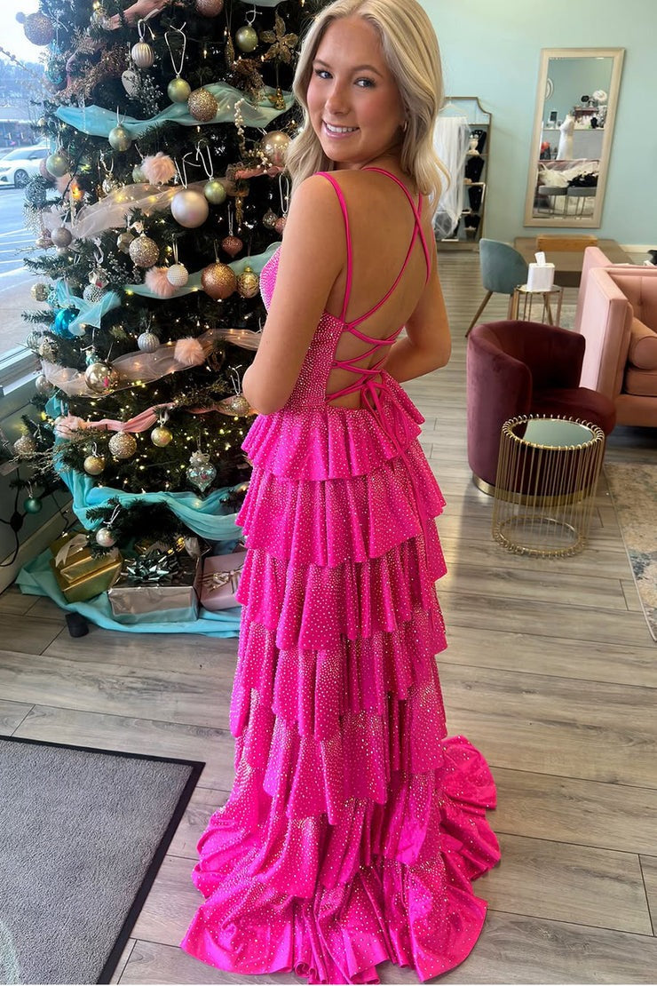 Pink Satin A Line V Neck Tiered Beading Gorgeous Prom Dress, PD25389