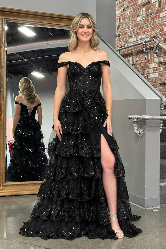 Black Tulle Off the Shoulder Ruffle Tiered Long Prom Dresses, PD25516
