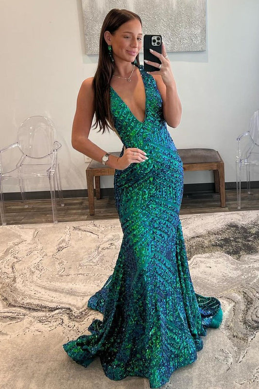 Green V Neck Sequins Mermaid Long Prom Dress, PD25705
