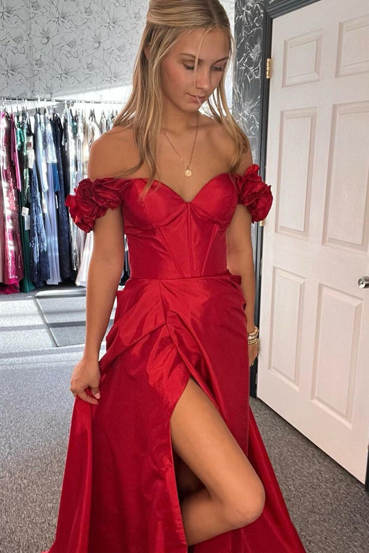 Red Off the Shoulder A-Line Satin Long Prom Dress with Slit, PD25785