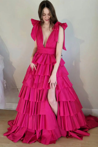 Fuchsia Deep V Neck Satin Tiered Long Prom Dresses, PD25715