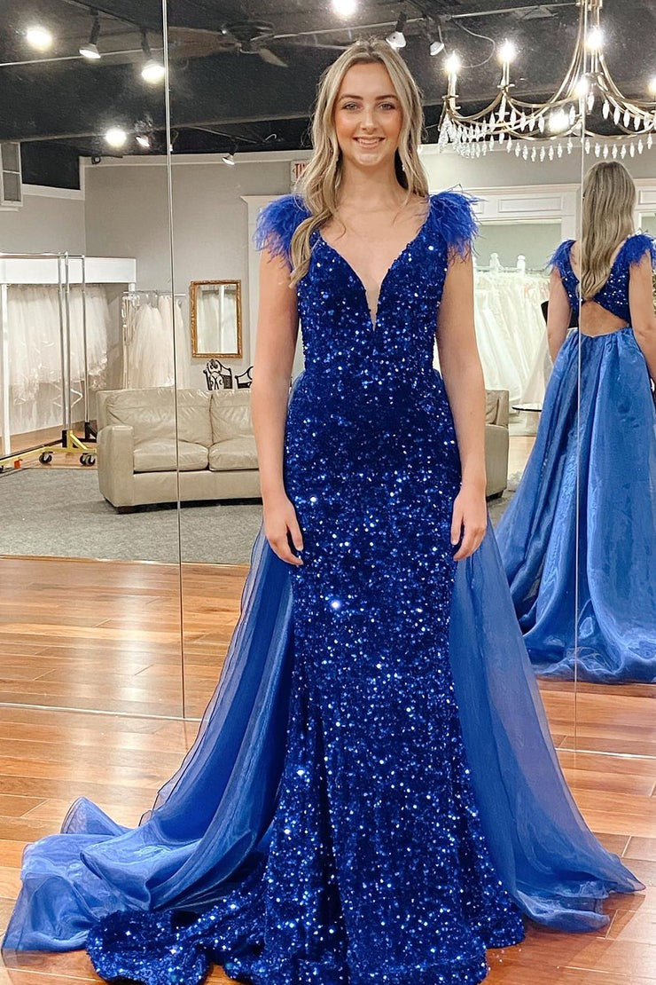Sparkly Royal Blue Mermaid Sequins Prom Dress with Feathers | JLDressCA
