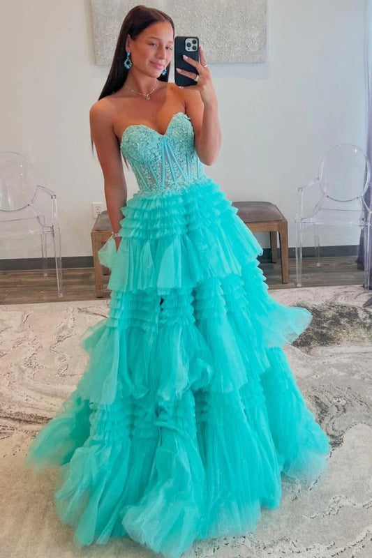 Aqua Blue A-Line Tulle Appliques Ruffle Long Prom Dress, PD25645