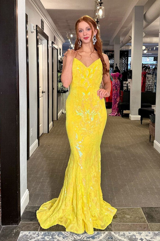 Yellow Sequins Lace Cute V Neck Mermaid Long Prom Dress, PD25415