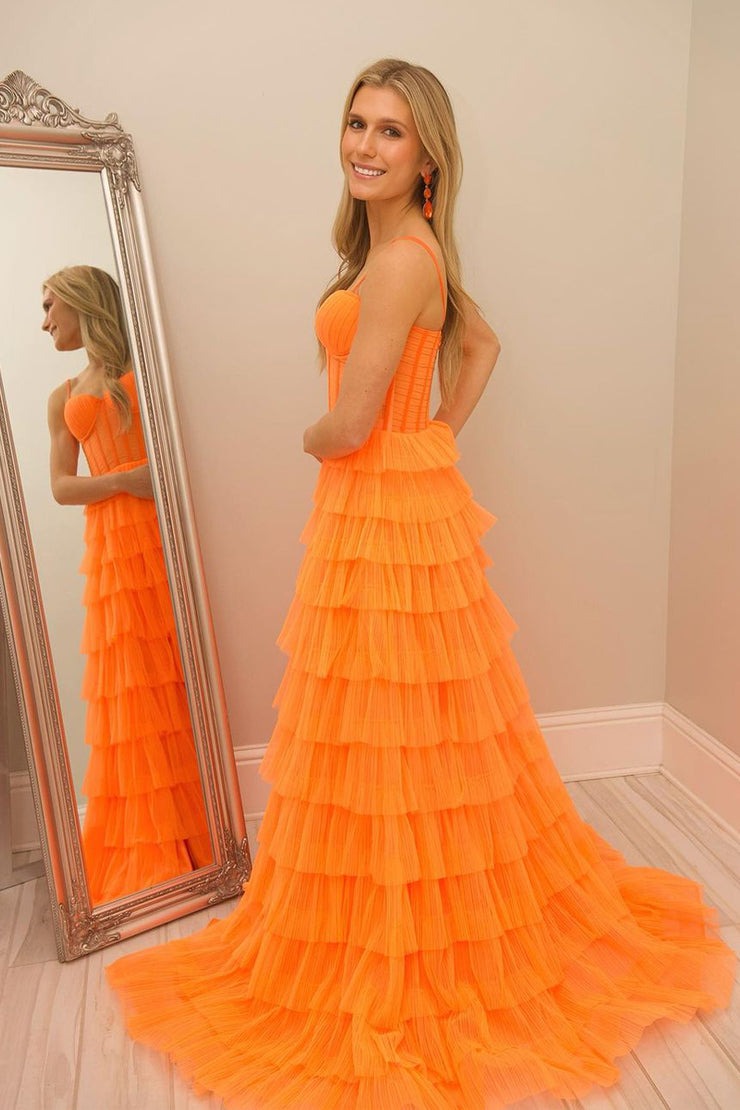 Orange Ruffle Tiered A-Line Sweetheart Tulle Long Prom Dresses, PD25396