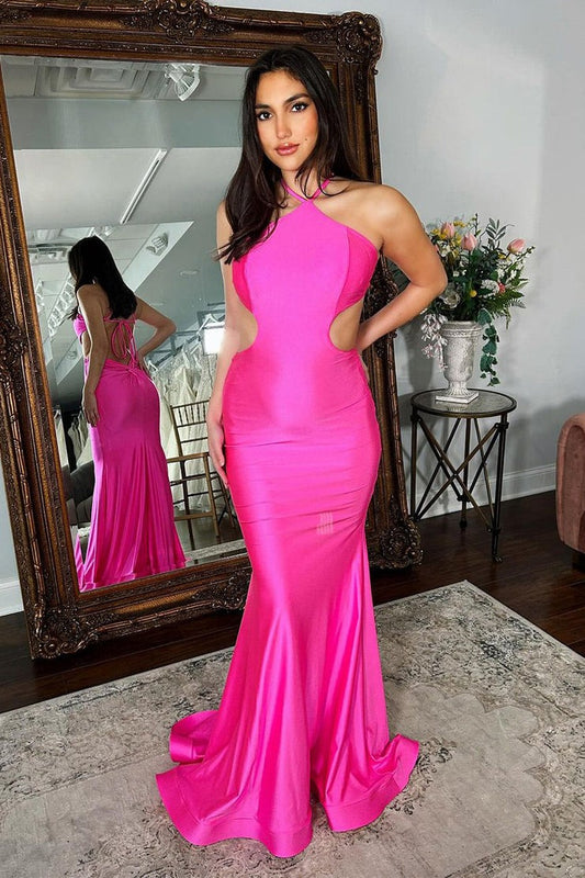 Fuchsia Mermaid Halter Satin Cutout Long Prom Dresses, PD25527