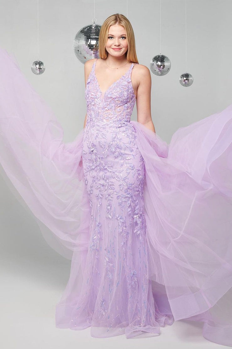 Lilac V Neck Tulle Mermaid Long Prom Dresses with Appliques, PD25476