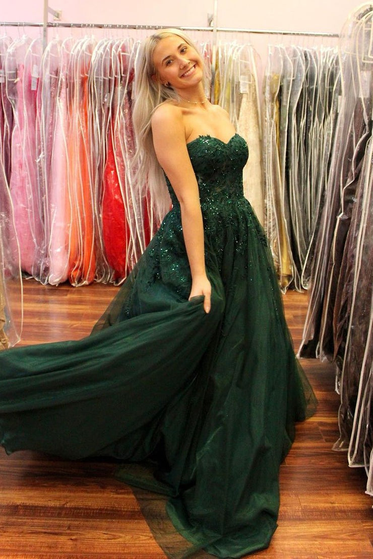 Dark Green Sweetheart Tulle Long Prom Dresses with Appliques, PD25596