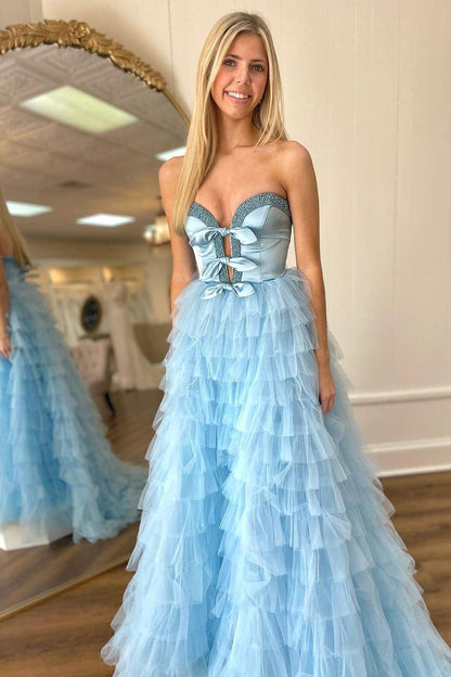 Light Blue Sweetheart Tiered Tulle Long Prom Dress, PD25637