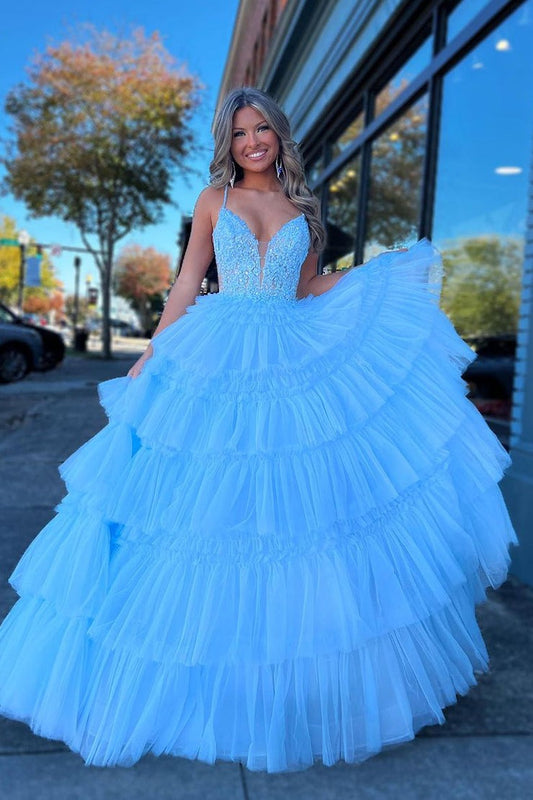 Light Blue Tulle Ruffle Tiered V Neck Long Prom Dresses with Appliques, PD25367