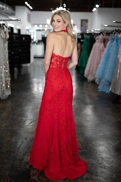 Red Lace Mermaid Halter Long Prom Dress with Slit, PD25357