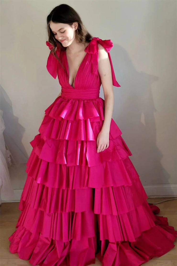 Fuchsia Deep V Neck Satin Tiered Long Prom Dresses, PD25715