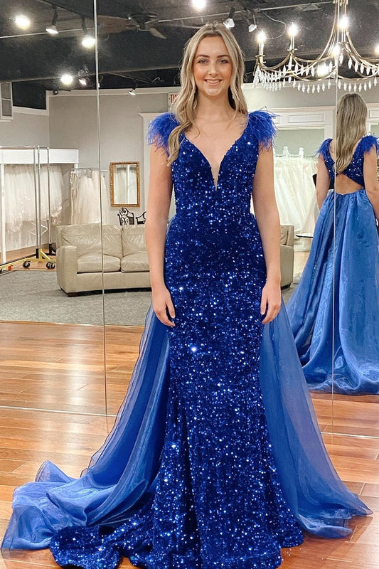 Sparkly Royal Blue Mermaid Cut Out Sequins Prom Dress with Feathers, PD25507