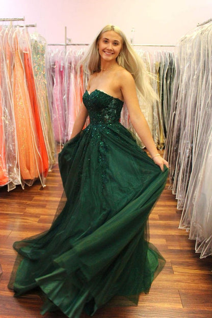 Dark Green Sweetheart Tulle Long Prom Dresses with Appliques, PD25596