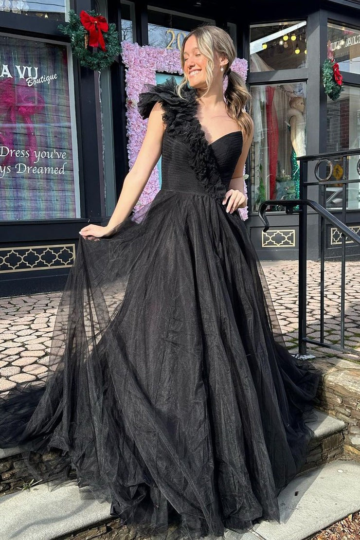 Black A Line One Shoulder Tulle Long Prom Dress, PD25616