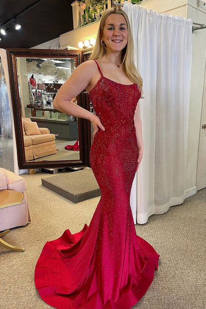 Burgundy Mermaid Scoop Neck Beaded Long Prom Dresses, PD25536