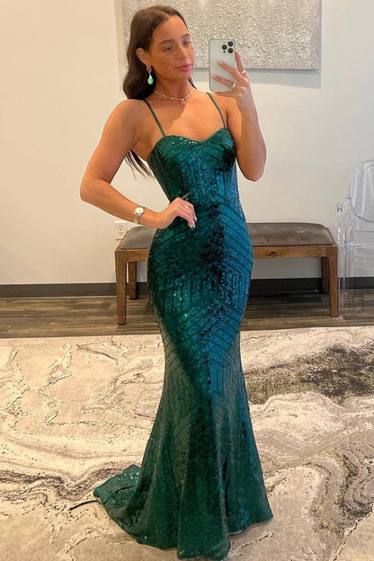 Dark Green Sequin Mermaid Straps Long Prom Dress, PD25666