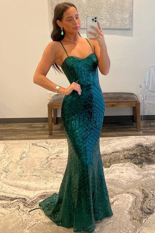 Dark Green Sequin Mermaid Straps Long Prom Dress, PD25666