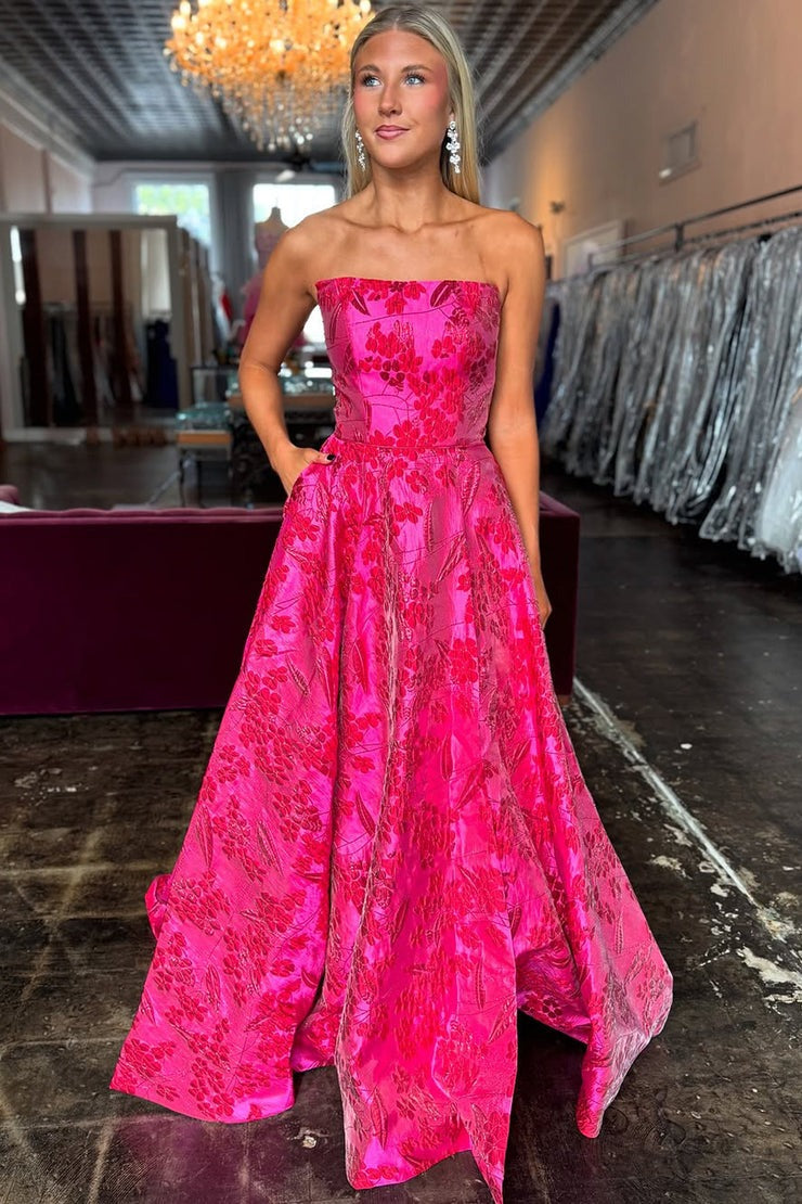 jacquard prom dress Fuchsia Jacquard Satin A-Line Strapless Prom Dress