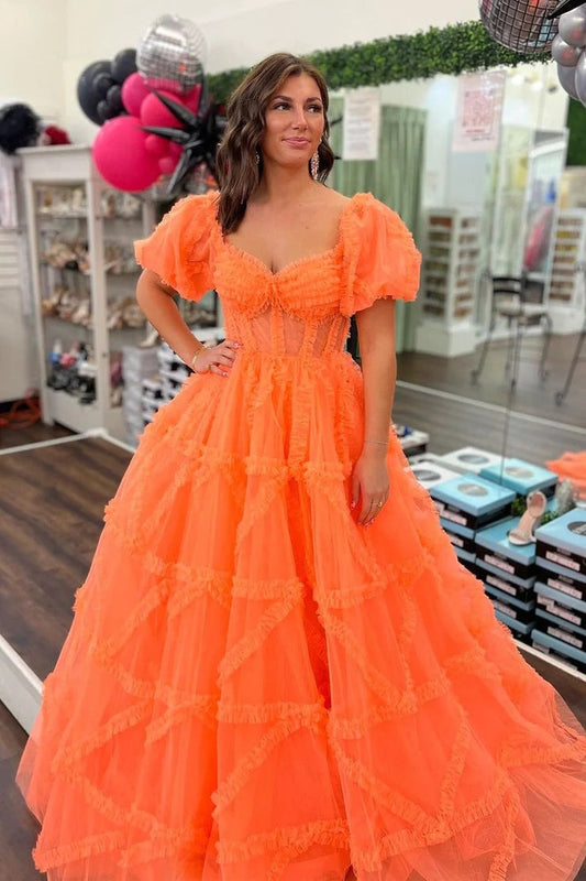 Orange Tulle Sweetheart Ball Gown Long Prom Dress, PD25466