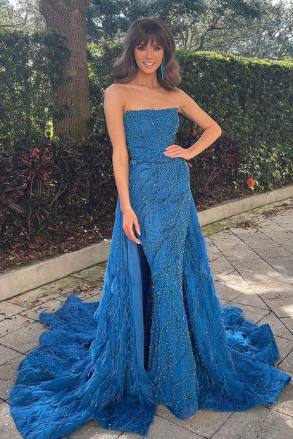Blue Strapless Long Sequin Lace Feathered Mermaid Prom Dress, PD25736