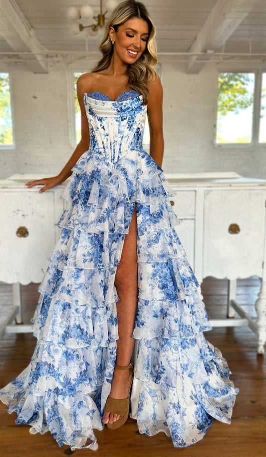A Line Sweetheart Floral Tiered Chiffon Prom Dress with Slit, PD25586