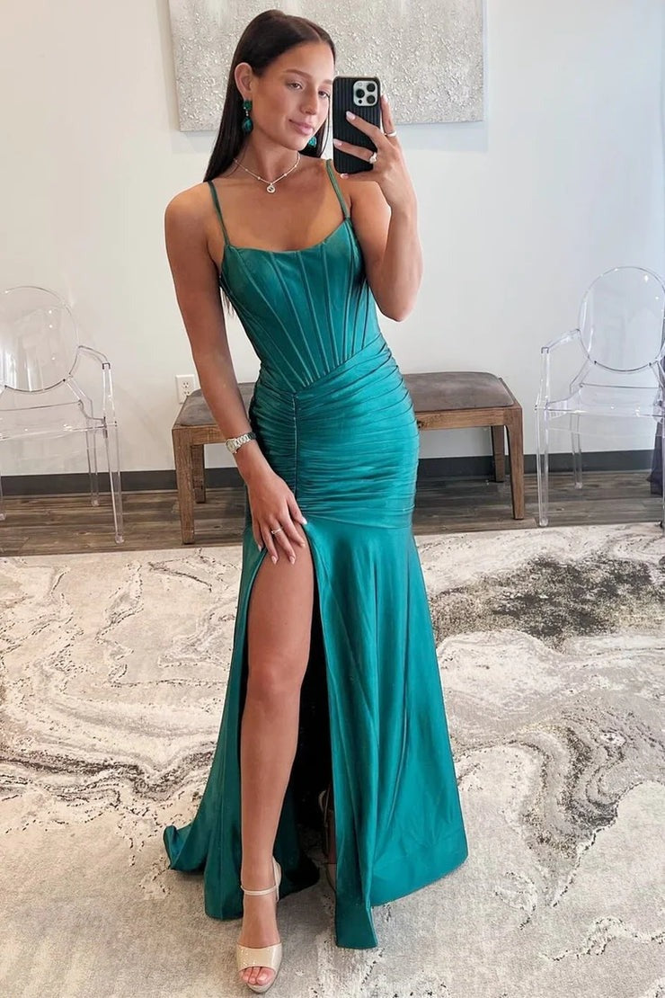 Emerald Spaghetti Strap Pleated Trumpet Maxi Dress with Slit, PD25625
