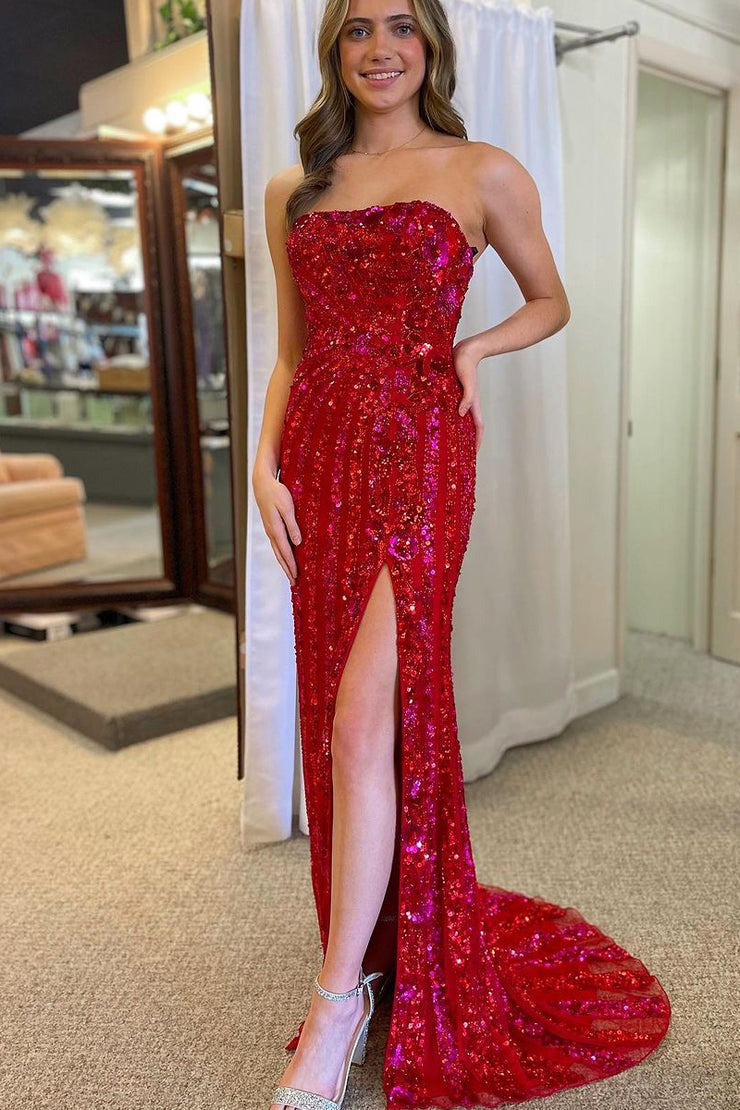 Red Sequins Strapless Mermaid Long Prom Dress with Slit, PD25427