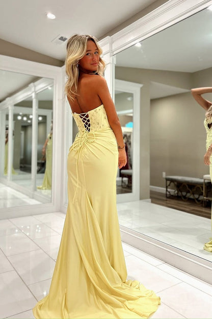 Yellow Satin Beading Cute Mermaid Keyhole Prom Dress with Slit, PD25385