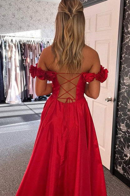 Red Off the Shoulder A-Line Satin Long Prom Dress with Slit, PD25785