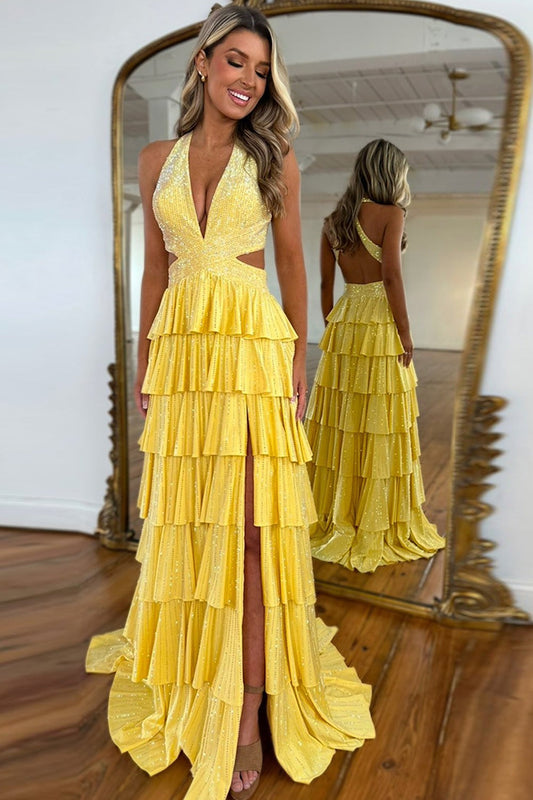 Yellow Halter A - Line Sparkly Ruffle Tiered Long Prom Dress with Slit, PD25805