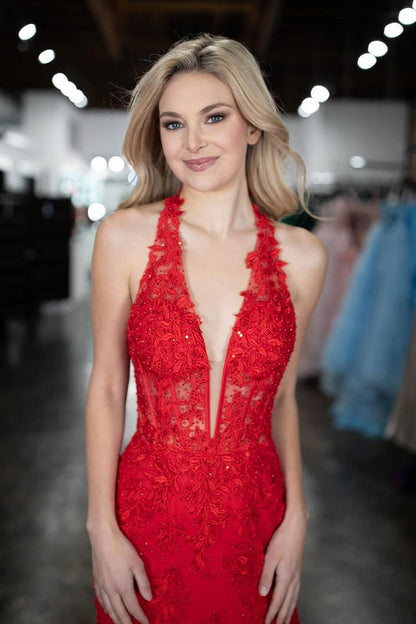 Red Lace Mermaid Halter Long Prom Dress with Slit, PD25357