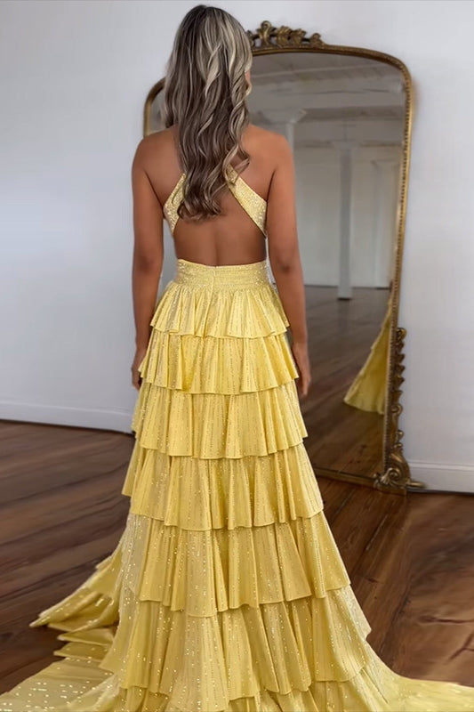 Yellow Halter A - Line Sparkly Ruffle Tiered Long Prom Dress with Slit, PD25805