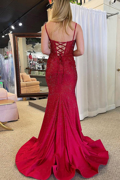 Burgundy Mermaid Scoop Neck Beaded Long Prom Dresses, PD25536