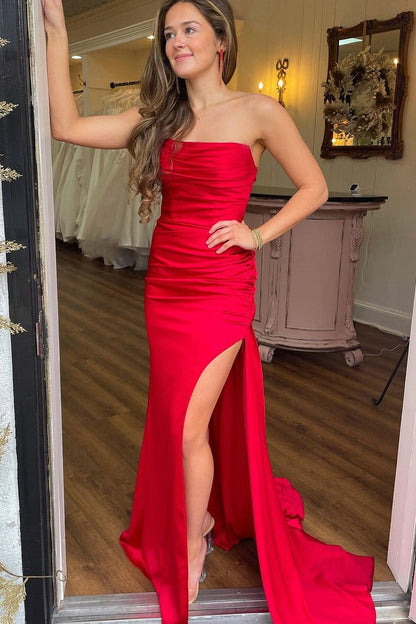 simple red mermaid dress Elegant Red Mermaid Strapless Satin Long Prom Dress