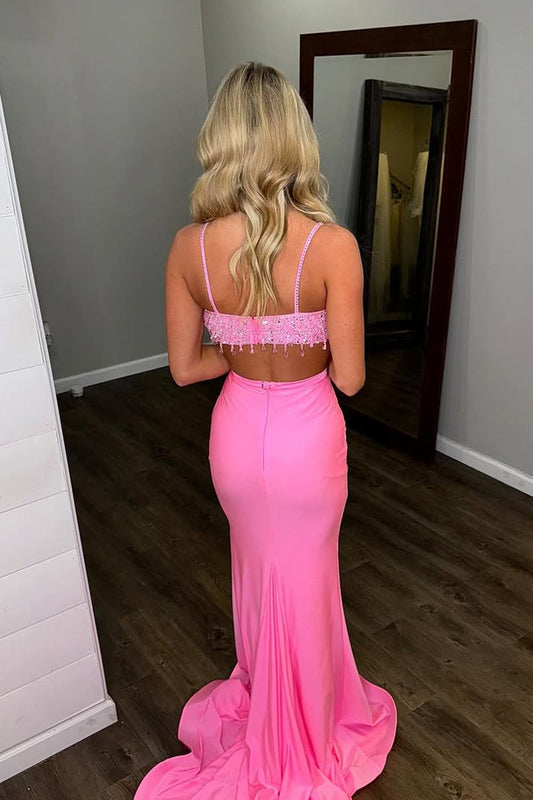 Pink V Neck Two Piece Sequins Long Prom Dress, PD25797