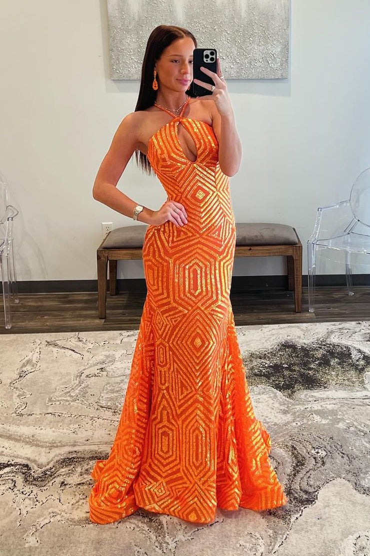 Orange Sequins Mermaid Halter Long Prom Dress, PD25378